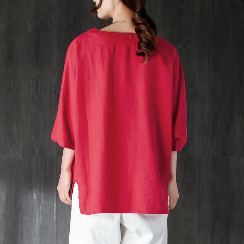 fashion cotton summer top oversize  Loose Round Neck Shoulder Sleeve Red Tops - Omychic