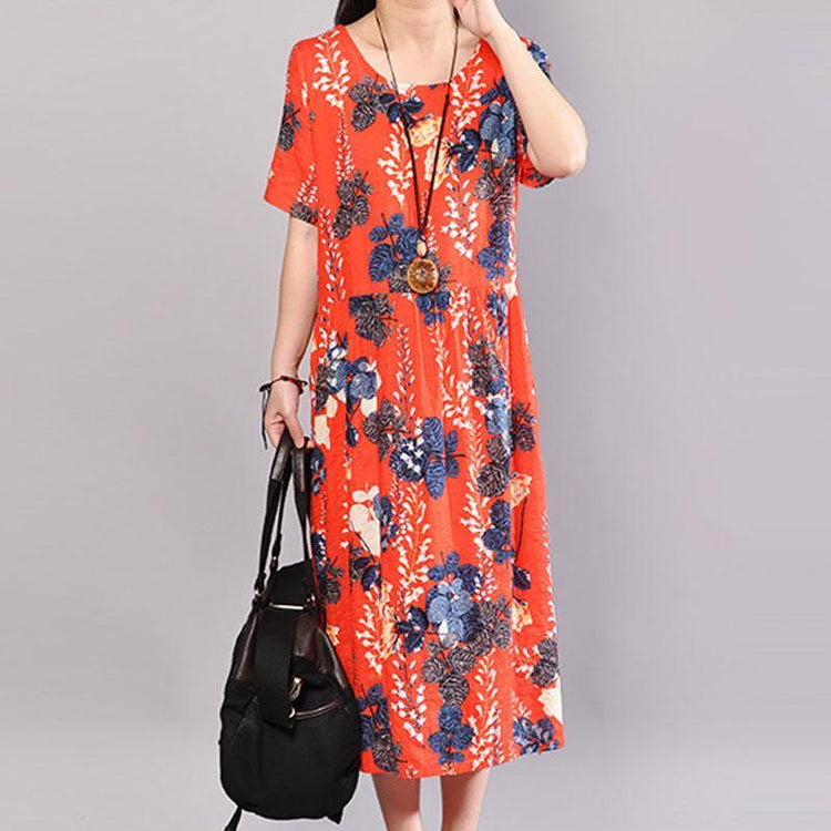 fashion cotton sundress Loose fitting Printed Round Neck Short Sleeve Casual Pleated Dress - Omychic