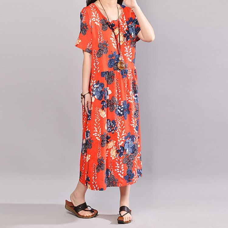 fashion cotton sundress Loose fitting Printed Round Neck Short Sleeve Casual Pleated Dress - Omychic