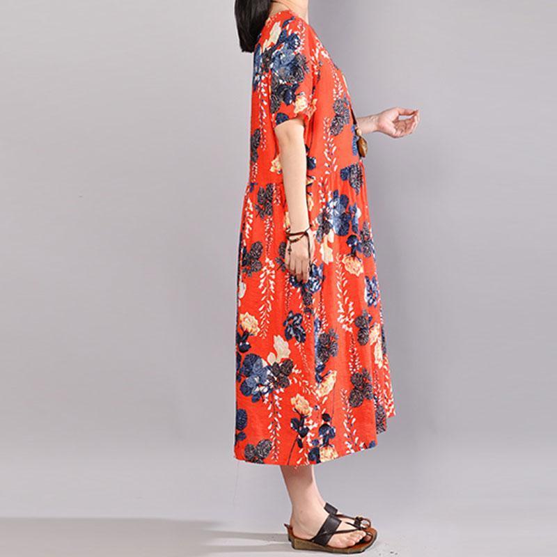 fashion cotton sundress Loose fitting Printed Round Neck Short Sleeve Casual Pleated Dress - Omychic