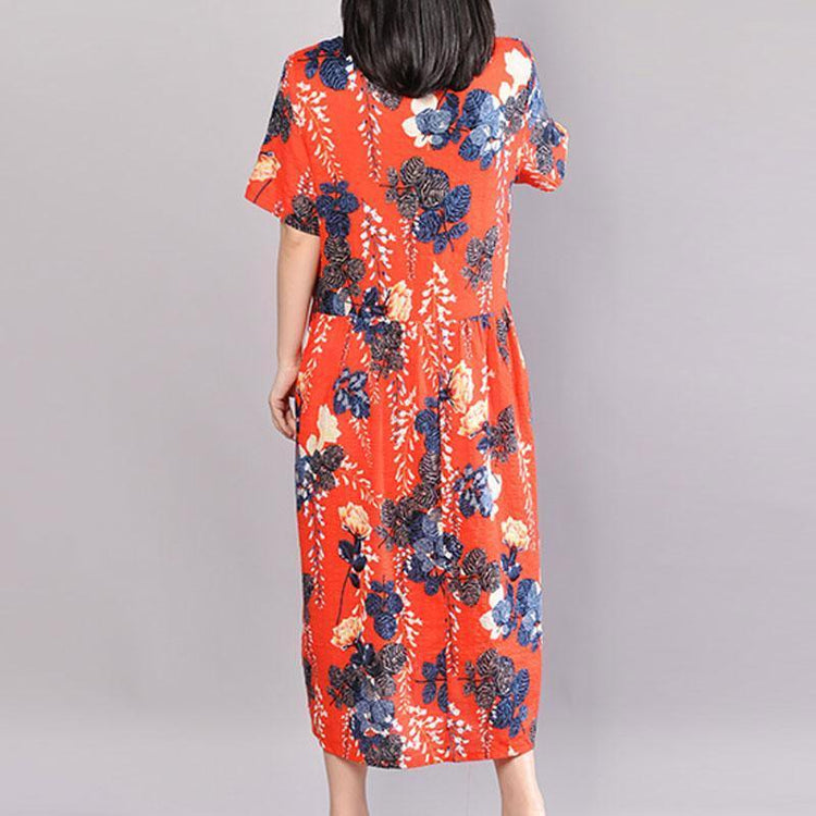 fashion cotton sundress Loose fitting Printed Round Neck Short Sleeve Casual Pleated Dress - Omychic