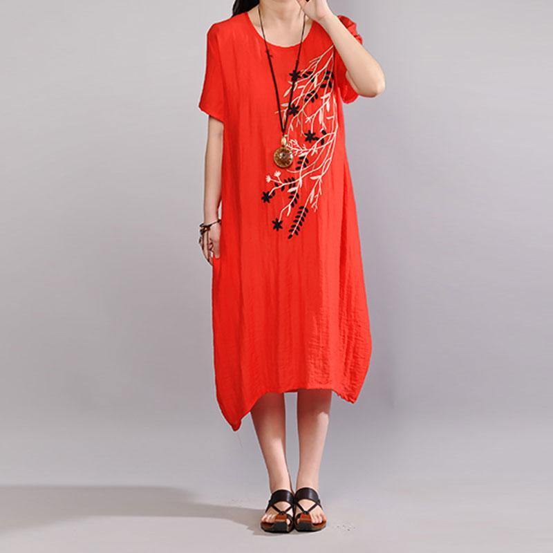 fashion cotton sundress trendy plus size Embroidery Summer Casual Short Sleeve Orange Red Dress - Omychic