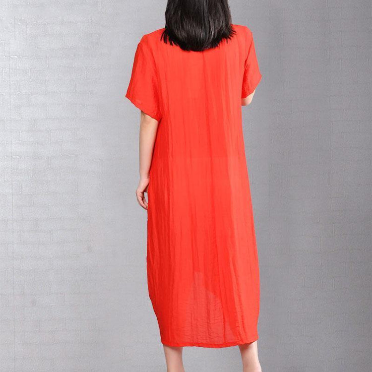 fashion cotton sundress trendy plus size Embroidery Summer Casual Short Sleeve Orange Red Dress - Omychic