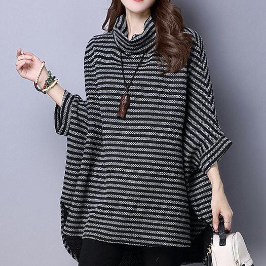 fashion dark khaki striped sweater blouse plus size high neck batwing tops - Omychic
