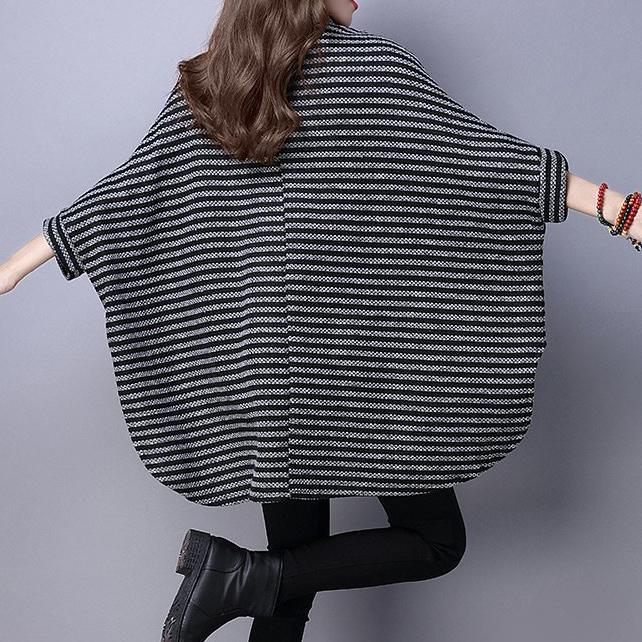 fashion dark khaki striped sweater blouse plus size high neck batwing tops - Omychic