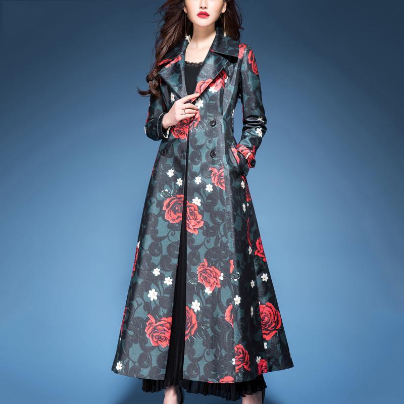 fashion elegant red print cotton blended trench coats double breast long sleeve coat - Omychic