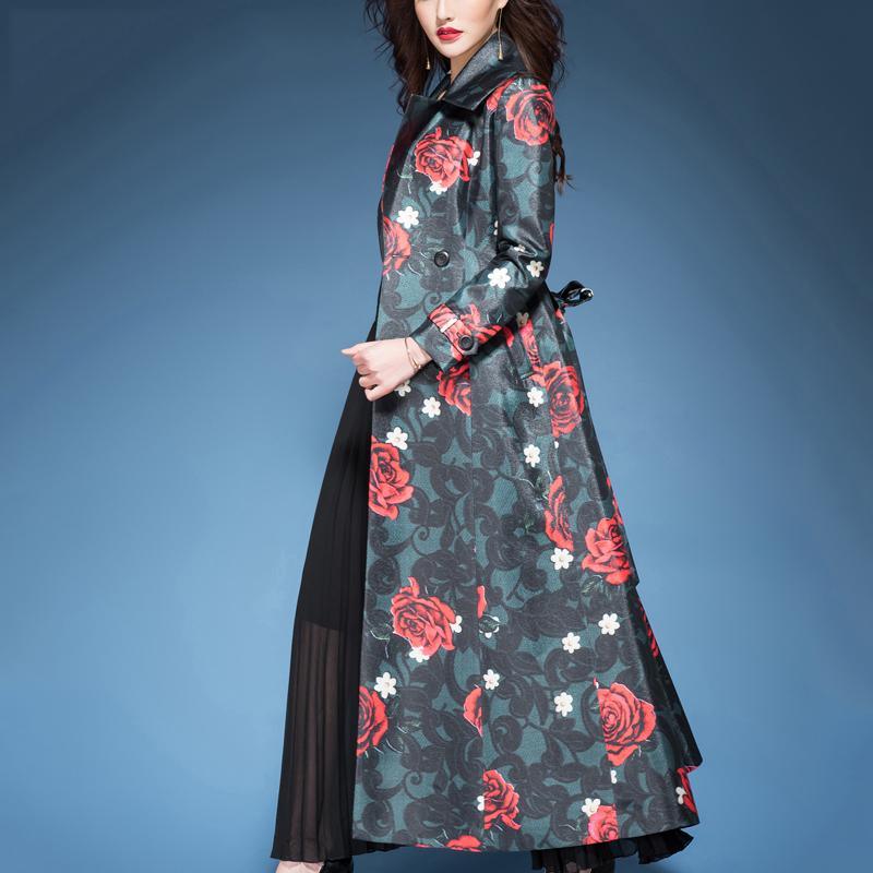 fashion elegant red print cotton blended trench coats double breast long sleeve coat - Omychic
