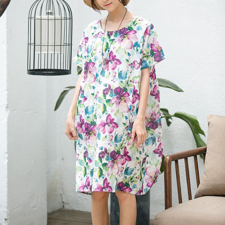 fashion floral linen dress Loose fitting linen cotton dress vintage o neck short sleeve linen dresses - Omychic