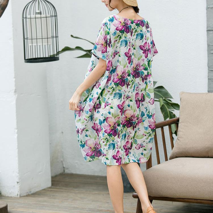 fashion floral linen dress Loose fitting linen cotton dress vintage o neck short sleeve linen dresses - Omychic