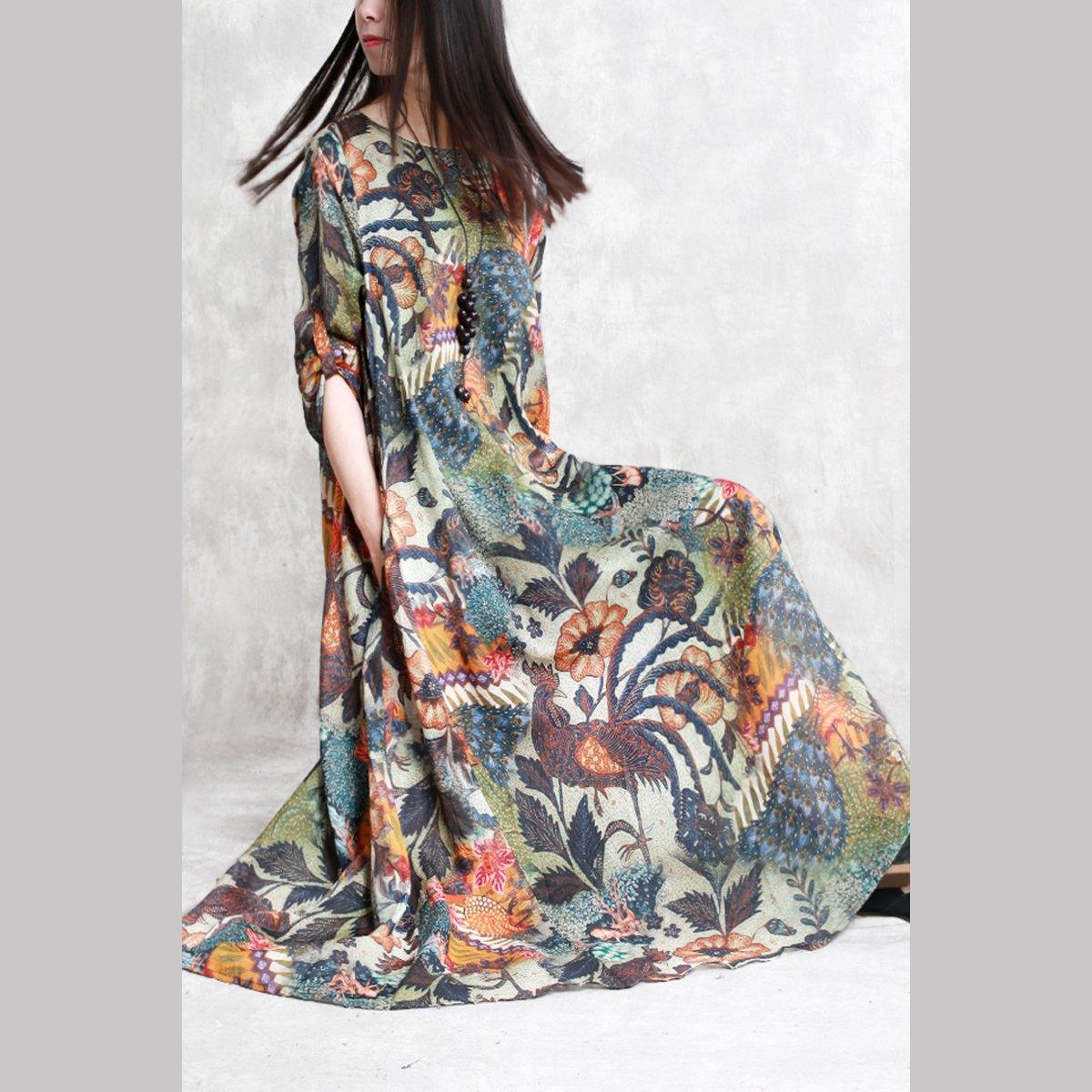 Fashion Floral Natural Linen Dress Plus Size Big Hem Traveling Clothing Elegant O Neck Caftans - Omychic