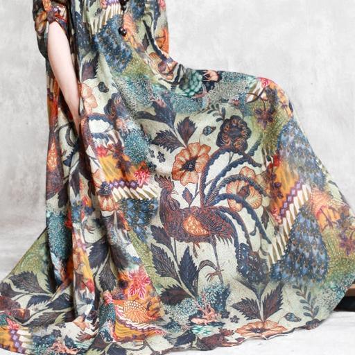 Fashion Floral Natural Linen Dress Plus Size Big Hem Traveling Clothing Elegant O Neck Caftans - Omychic