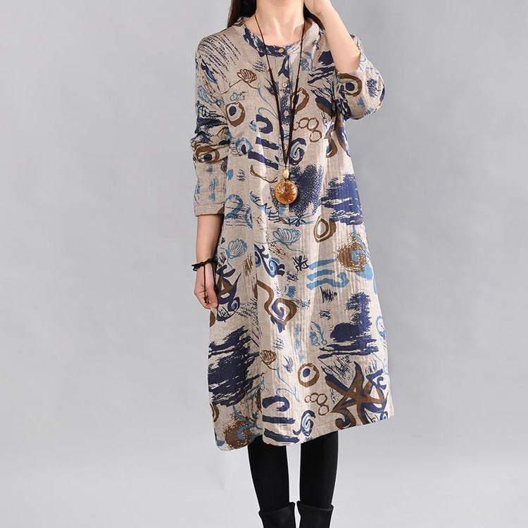 fashion gray Midi linen dresses trendy plus size casual dress top quality o neck prints natural linen dress - Omychic