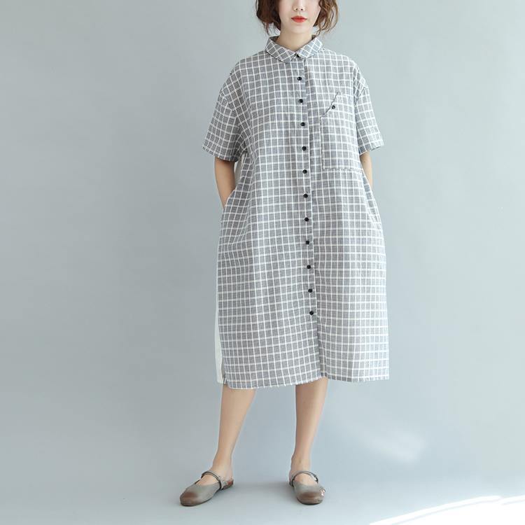 Fashion Gray Plaid Cotton Dresses Plus Size Patchwork Cotton Dresses Fine Prints Cotton Dress - Omychic