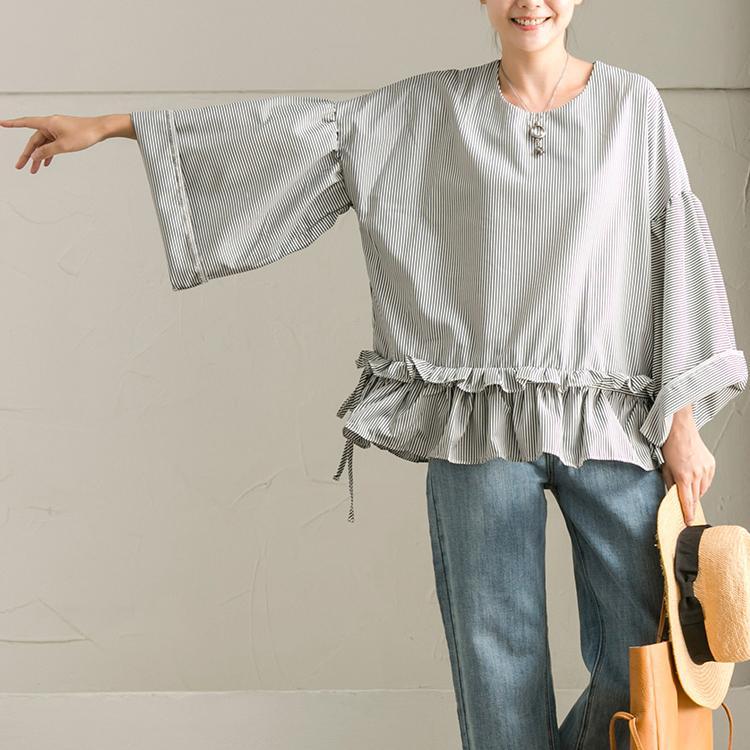 fashion gray striped cotton tops plus size cotton maxi t shirts boutique ruffles hem drawstring wrinkled cotton tops - Omychic