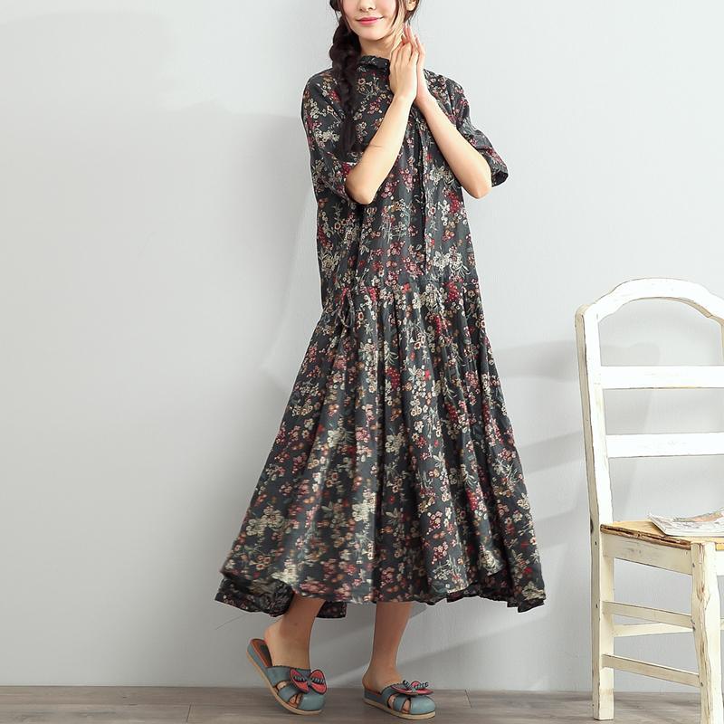 fashion green floral linen dress Loose fitting short sleeve long cotton dresses women tie waist cotton clothing - Omychic