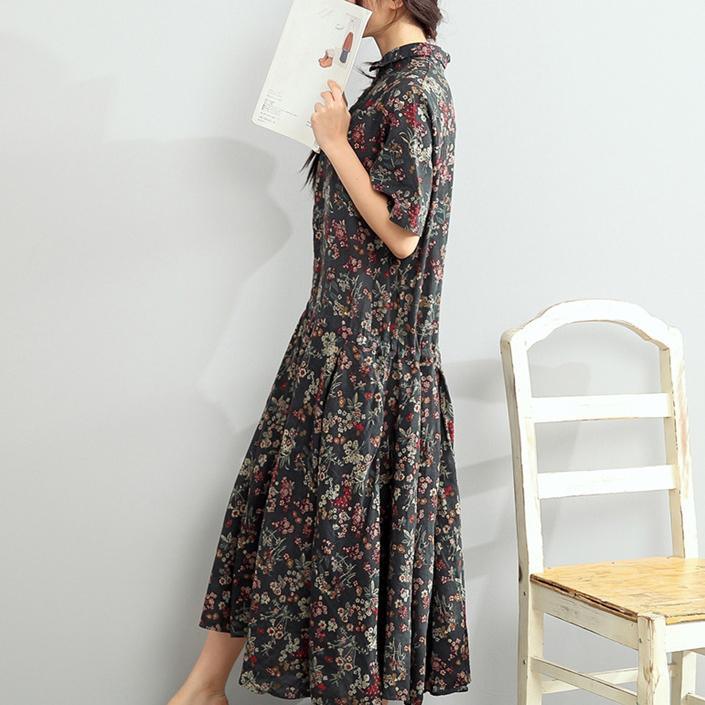 fashion green floral linen dress Loose fitting short sleeve long cotton dresses women tie waist cotton clothing - Omychic