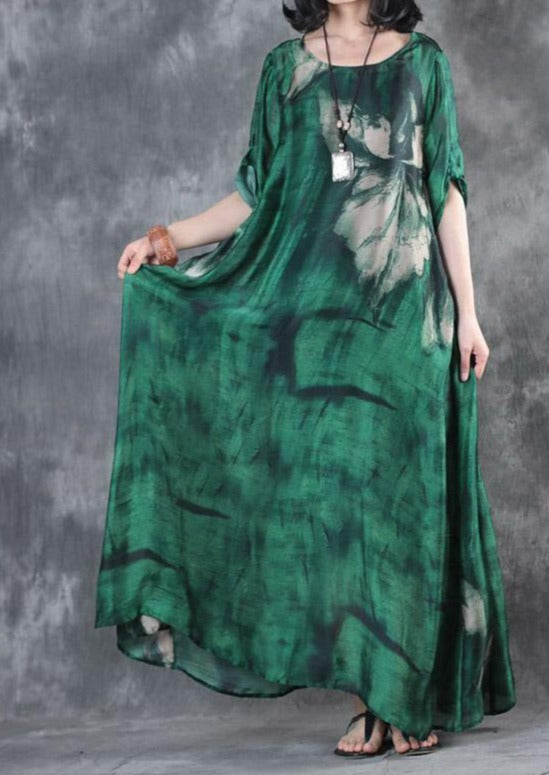 fashion green prints silk dresses Loose fitting short sleeve silk maxi dress Elegant big hem kaftans - Omychic
