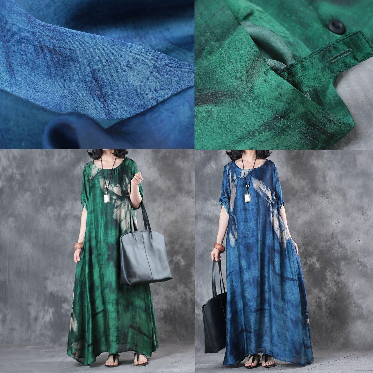 fashion green prints silk dresses Loose fitting short sleeve silk maxi dress Elegant big hem kaftans - Omychic