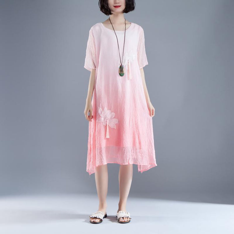 fashion holiday dress Fine Casual Flower Summer Fake Two-piece Pink Retro Dress - Omychic