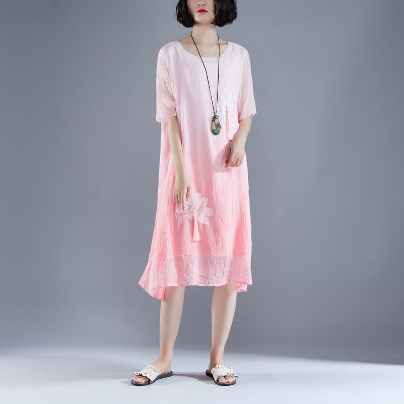fashion holiday dress Fine Casual Flower Summer Fake Two-piece Pink Retro Dress - Omychic