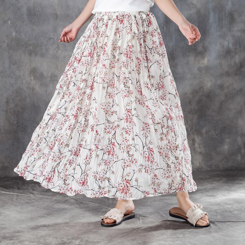 fashion linen maxi skirt oversized Women Elastic Waist Lining White Pleated Skirts - Omychic