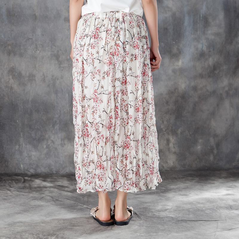 fashion linen maxi skirt oversized Women Elastic Waist Lining White Pleated Skirts - Omychic
