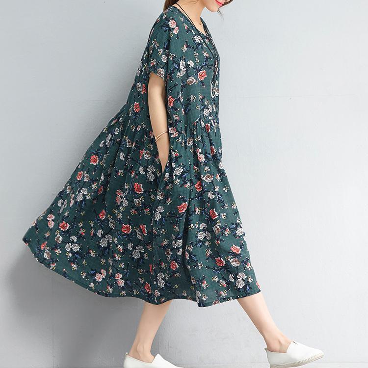 fashion navy floral pure linen dresses trendy plus size linen cotton dress Elegant o neck short sleeve knee dresses - Omychic