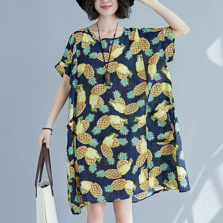 fashion pineapple prints linen dress plus size traveling dress boutique slim short sleeve o neck linen cotton dress - Omychic