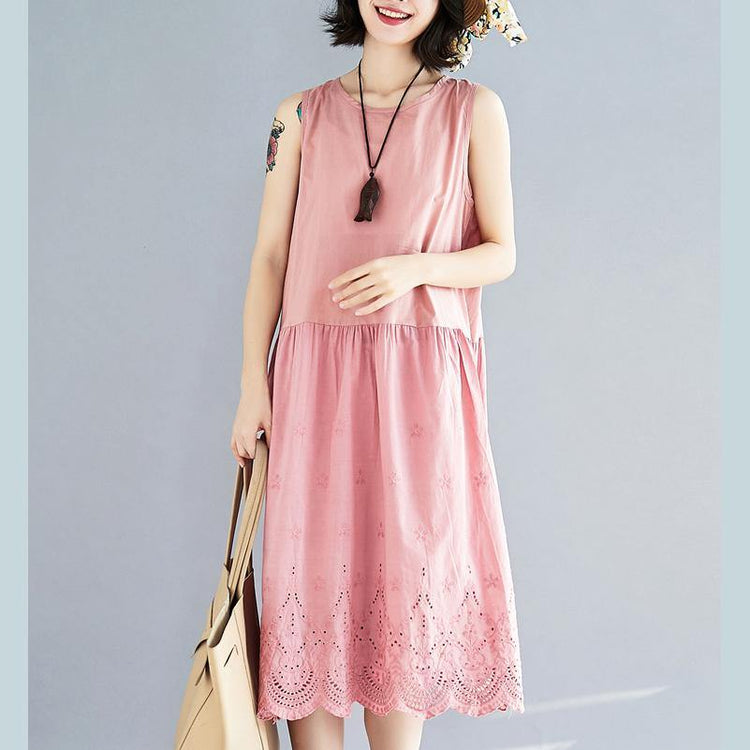 fashion pink long linen dress plus size hollow out linen gown 2018 sleeveless maxi dresses - Omychic