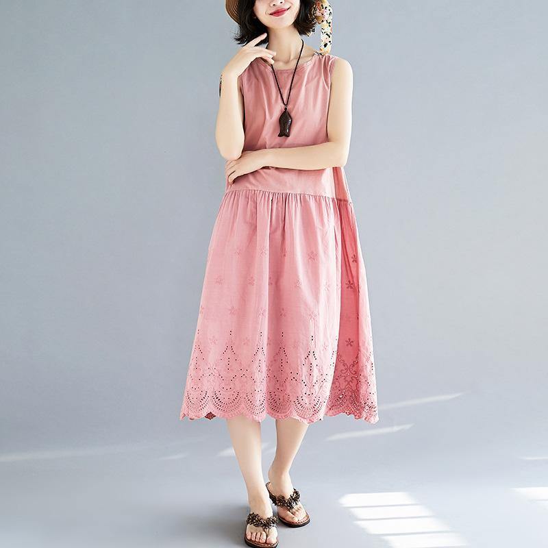 fashion pink long linen dress plus size hollow out linen gown 2018 sleeveless maxi dresses - Omychic