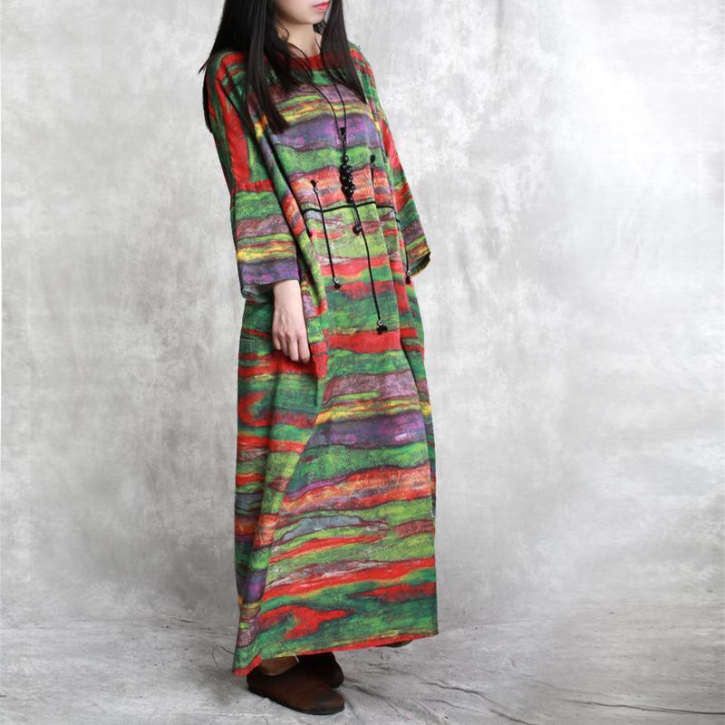 fashion prints linen dress casual long sleeve traveling dress boutique o neck  linen caftans - Omychic