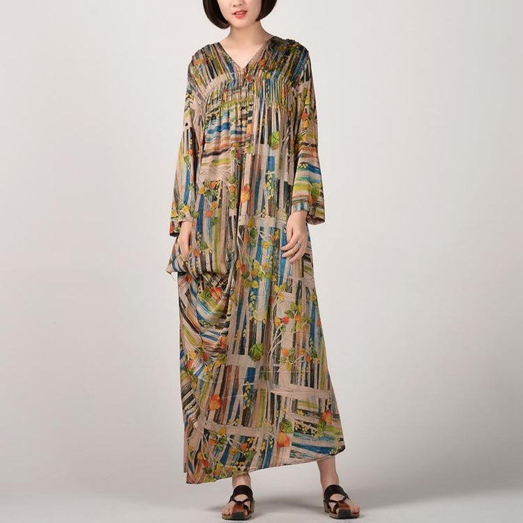 fashion prints long silk dress plussize v neck caftans Fine long sleeve caftans - Omychic