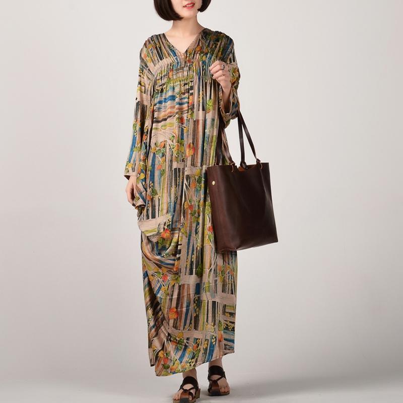 fashion prints long silk dress plussize v neck caftans Fine long sleeve caftans - Omychic