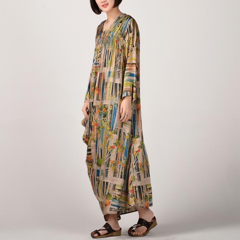 fashion prints long silk dress plussize v neck caftans Fine long sleeve caftans - Omychic