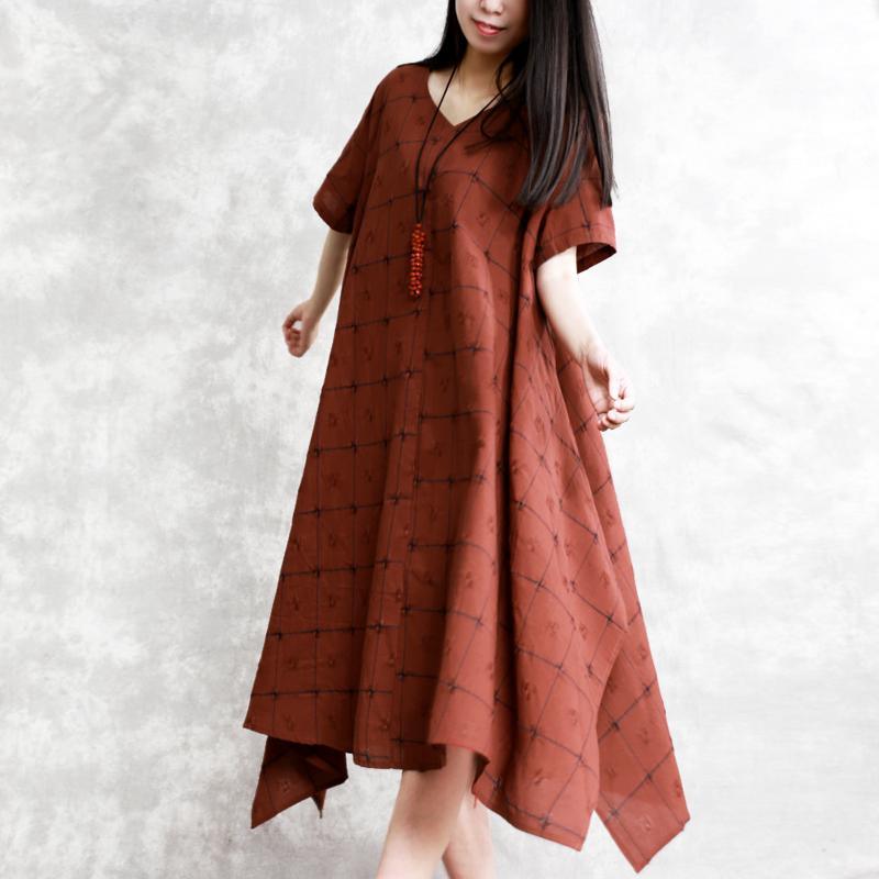 fashion red plaid linen maxi dress oversized short sleeve caftans women asymmetric hem maxi dresses - Omychic