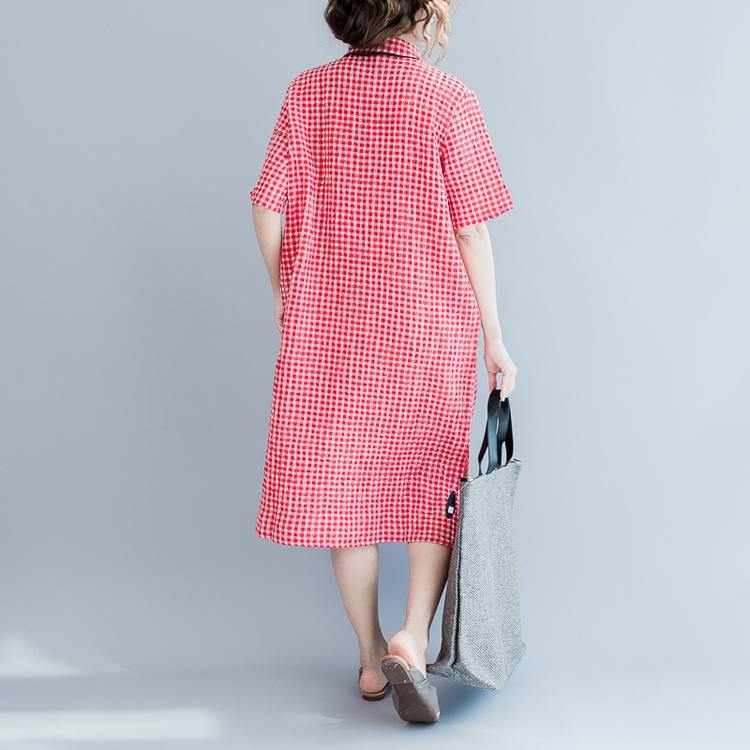 fashion red plaid long linen dresses oversized side open cotton maxi dress Elegant short sleeve traveling dress - Omychic