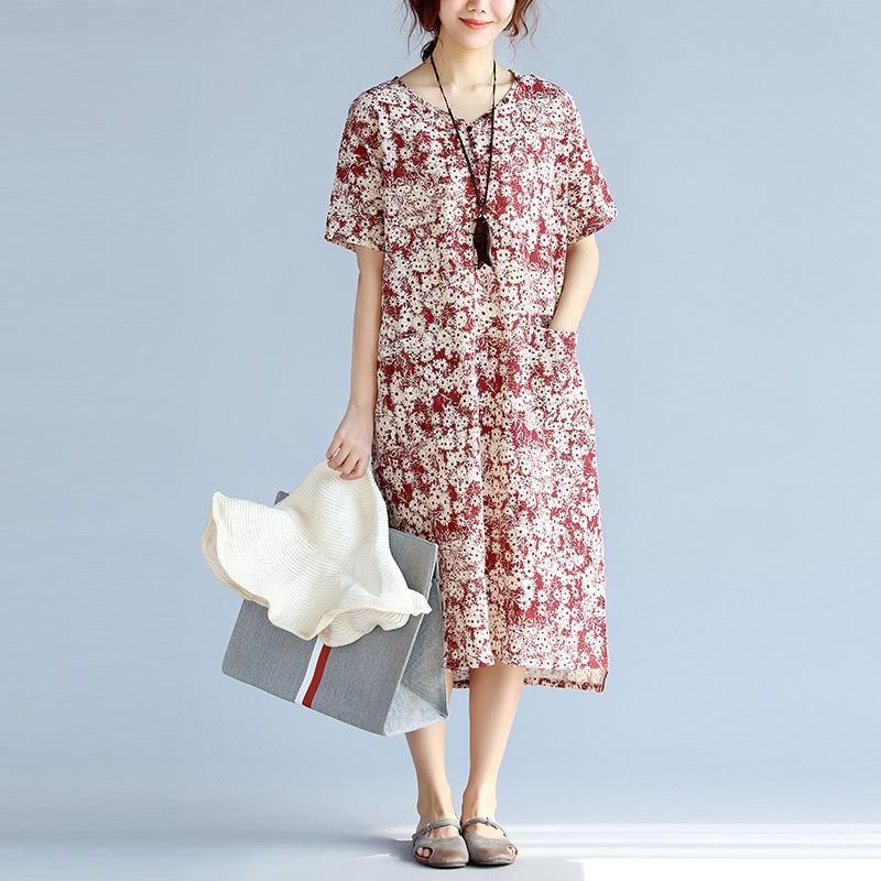 fashion red prints linen shift dresses trendy plus size traveling dress New side open v neck linen dresses - Omychic