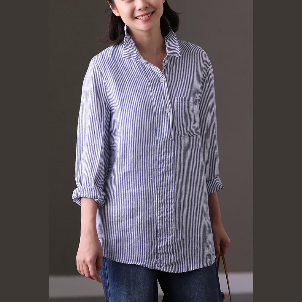 fashion striped linen tops plus size clothing traveling blouse vintage lapel collar long sleeve linen clothing tops - Omychic
