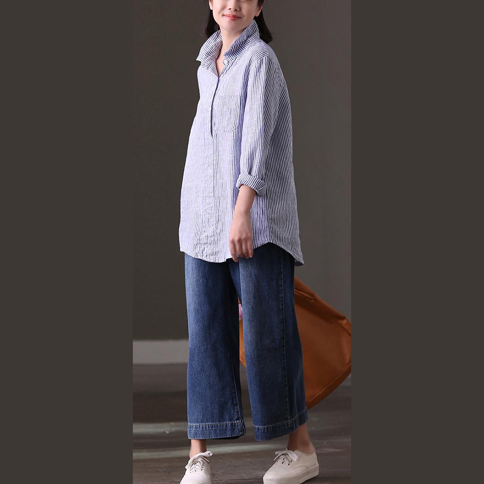 fashion striped linen tops plus size clothing traveling blouse vintage lapel collar long sleeve linen clothing tops - Omychic