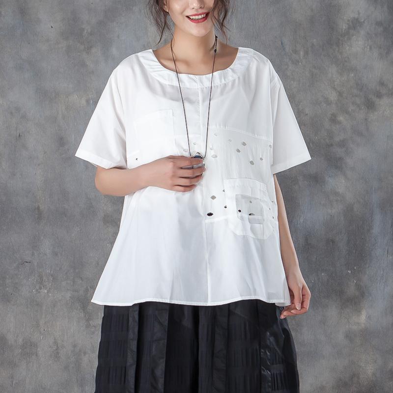 fashion summer cotton tops plus size Loose Round Neck Short Sleeve Pure White T-shirt - Omychic