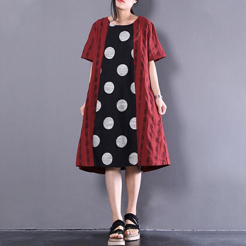 fashion summer dresses casual Loose Splicing Polka Dots Short Sleeve Stripe Dress - Omychic