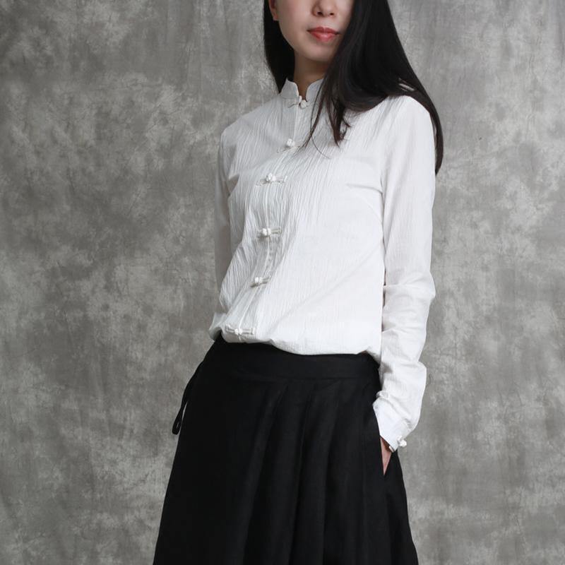 fashion white linen pullover oversized traveling blouse top quality Chinese Button stand collar linen t shirt - Omychic