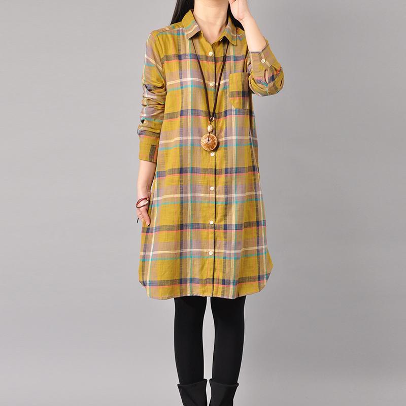 fashion yellow cotton knee dress Loose fitting traveling clothing New lapel collar plaid  shirt dress - Omychic