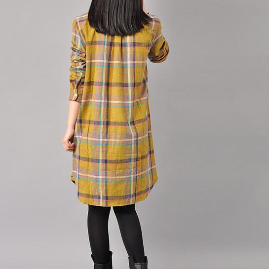 fashion yellow cotton knee dress Loose fitting traveling clothing New lapel collar plaid  shirt dress - Omychic