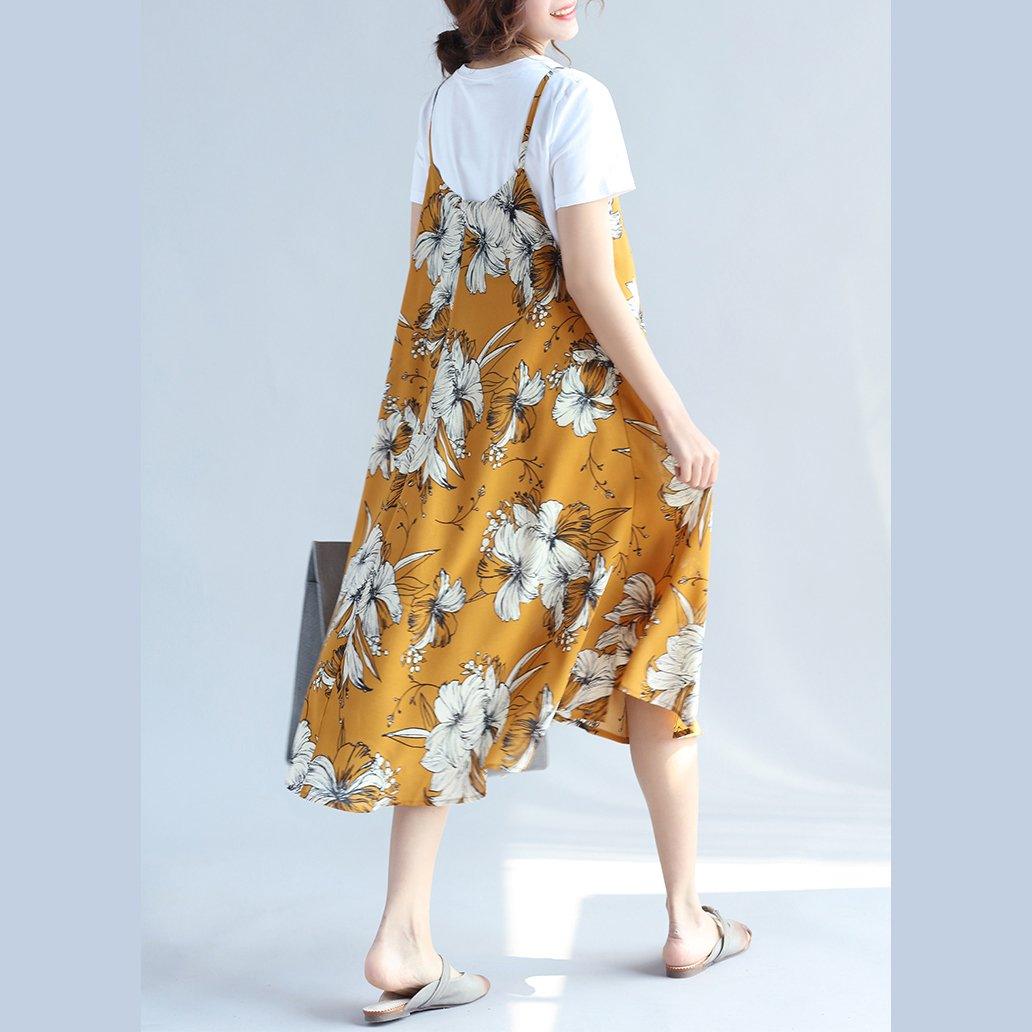 fashion yellow prints Midi-length chiffon sleeveless dress plus size traveling dress and cotton tops casual two pieces - Omychic