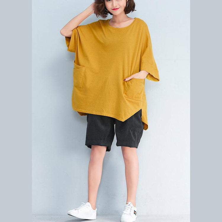 fashion yellow pure linen tops oversized casual cardigans Elegant side open big pockets midi tops - Omychic