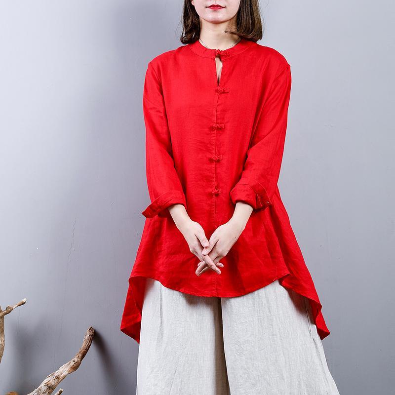 fasion red  Midi linen pullover oversize  holiday tops  2018 Chinese Button low high design linen blouses - Omychic