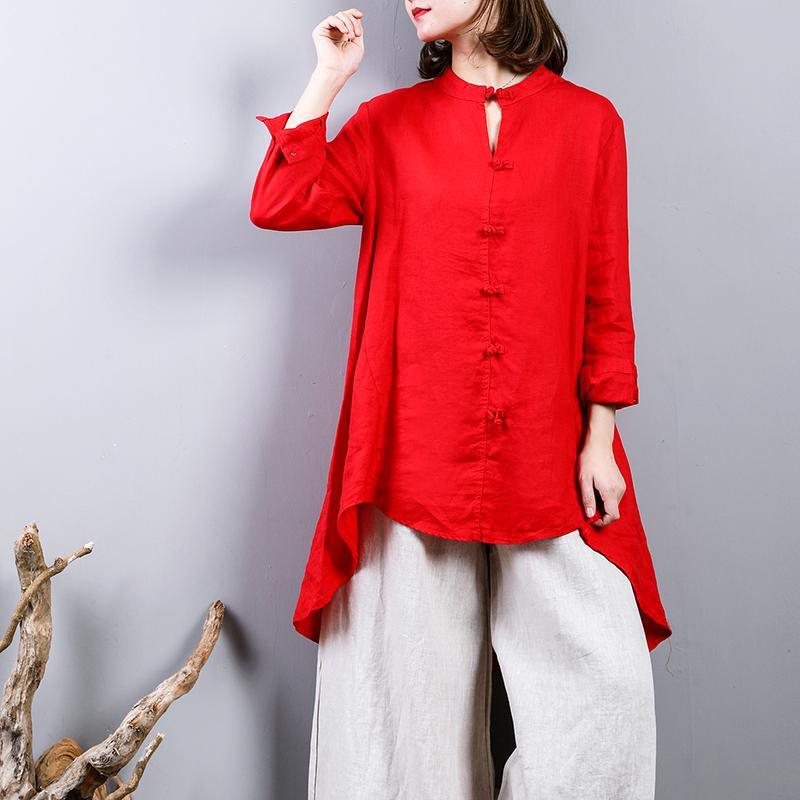 fasion red  Midi linen pullover oversize  holiday tops  2018 Chinese Button low high design linen blouses - Omychic