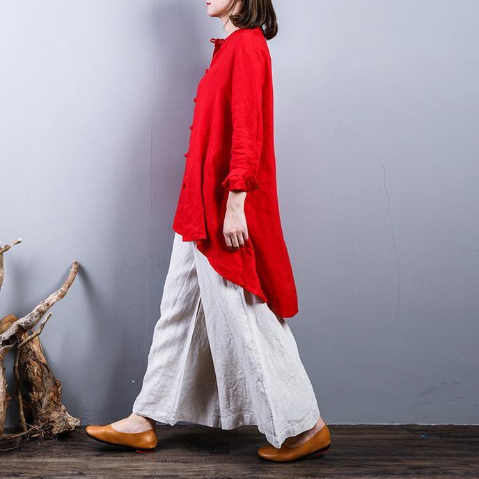 fasion red  Midi linen pullover oversize  holiday tops  2018 Chinese Button low high design linen blouses - Omychic