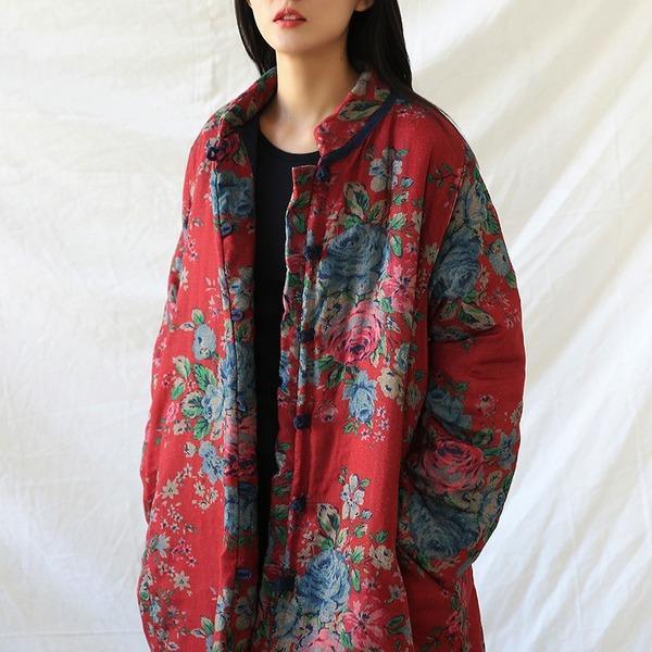 Women Red Print Floral Vintage Parkas Linen Pockets 2020 Winter New Chinese Style Parkas - Omychic